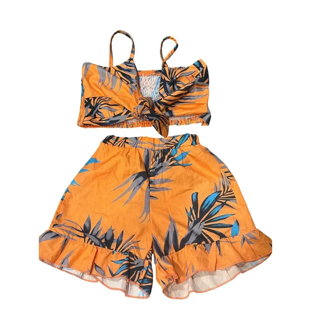 2 Tropical Summer Outfit Sets 12-24M Off Shoulder Crop Top Shorts Bundle